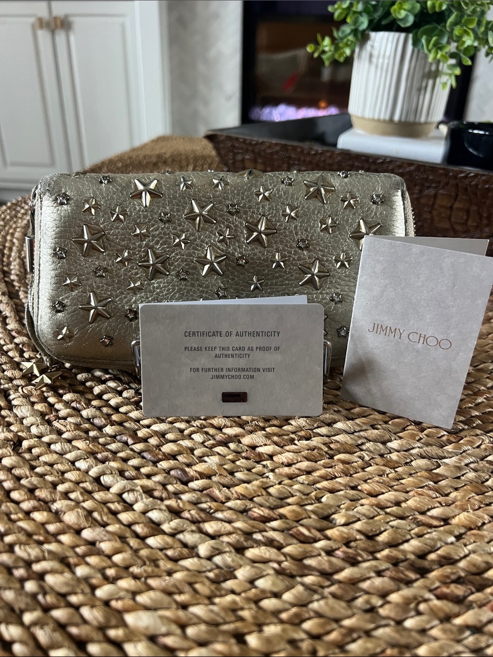 Jimmy Choo Filipa Metallic Star Studded Continental Zippy Wallet + COA Card